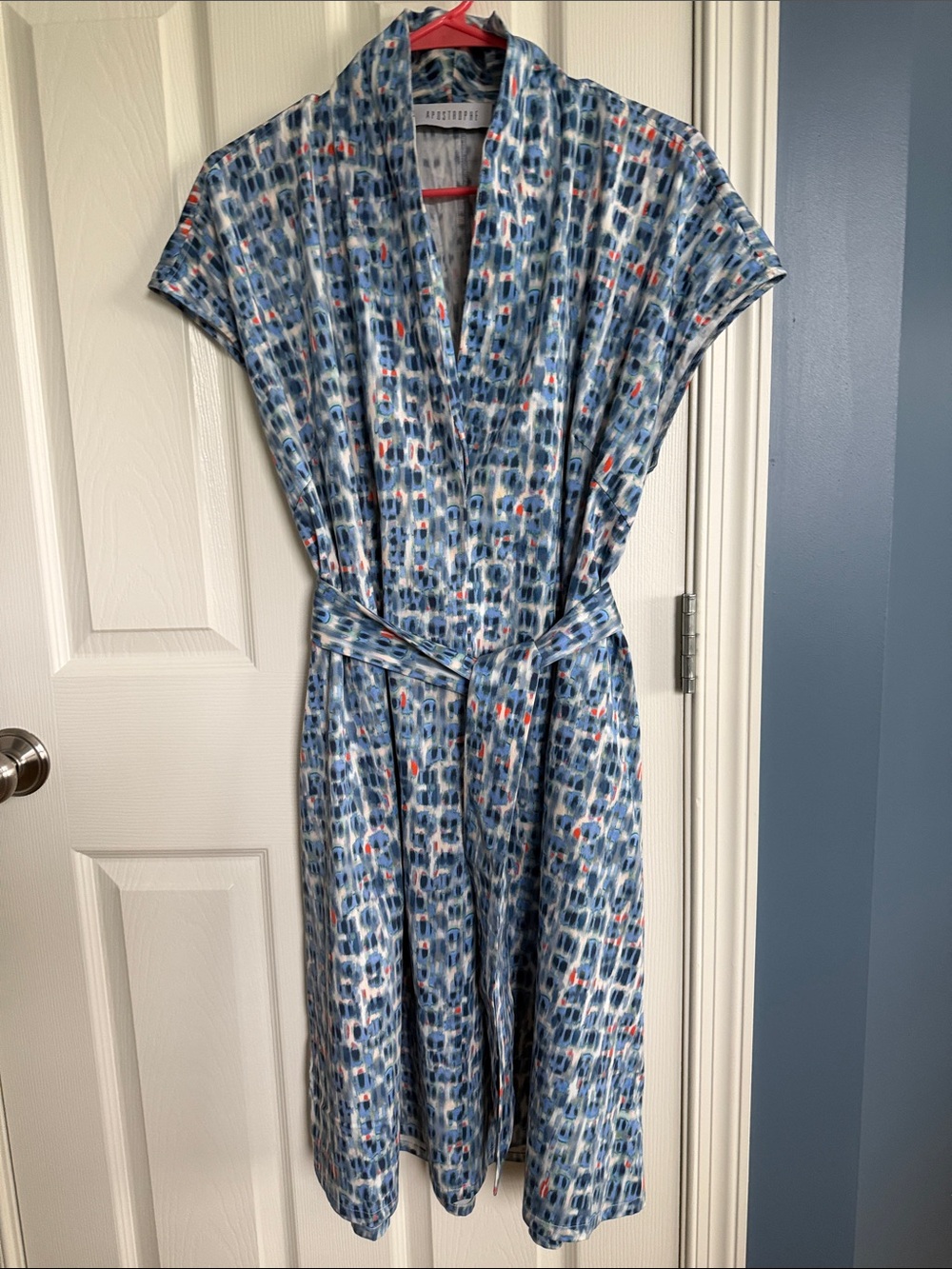 Apostrophe Blue Abstract Print V-Neck Belted Dress with Orange Accents
